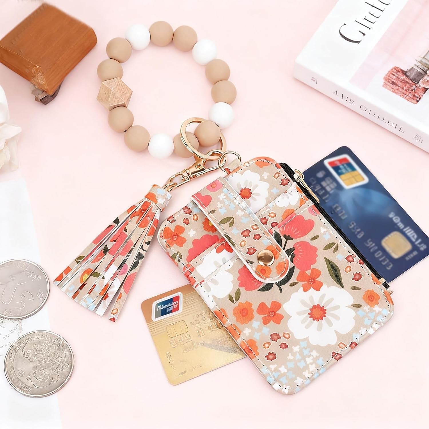 Women Boho Beaded Wallet Keychain Wristlet Wallet for Women Tassel Silicone Keychain Card Holder Small Purse Gifts