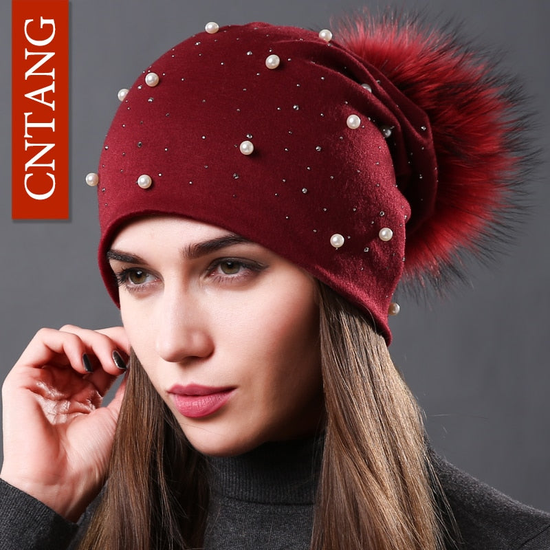 Women's Fashion Hat Autumn Winter Rhinestones Pearl Bennie Hat