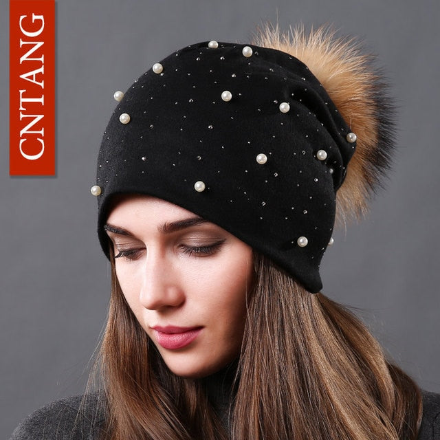 Women's Fashion Hat Autumn Winter Rhinestones Pearl Bennie Hat