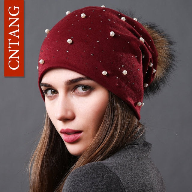 Women's Fashion Hat Autumn Winter Rhinestones Pearl Bennie Hat