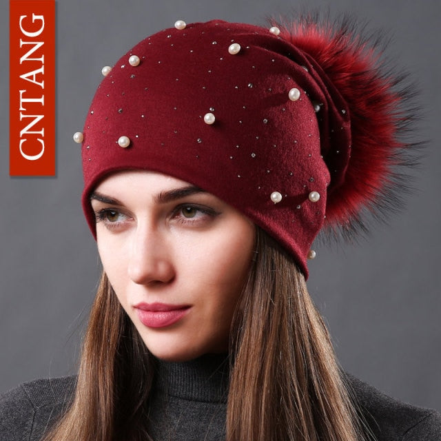 Women's Fashion Hat Autumn Winter Rhinestones Pearl Bennie Hat