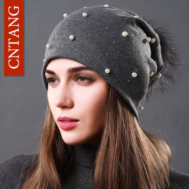 Women's Fashion Hat Autumn Winter Rhinestones Pearl Bennie Hat