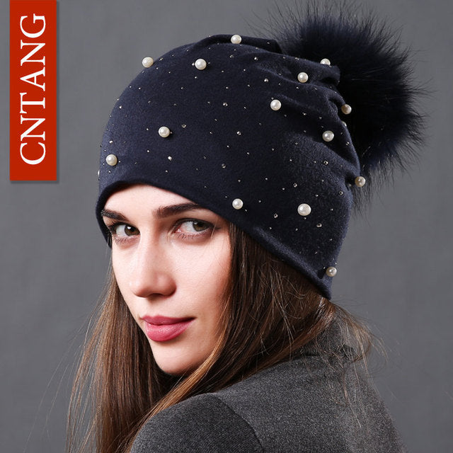 Women's Fashion Hat Autumn Winter Rhinestones Pearl Bennie Hat