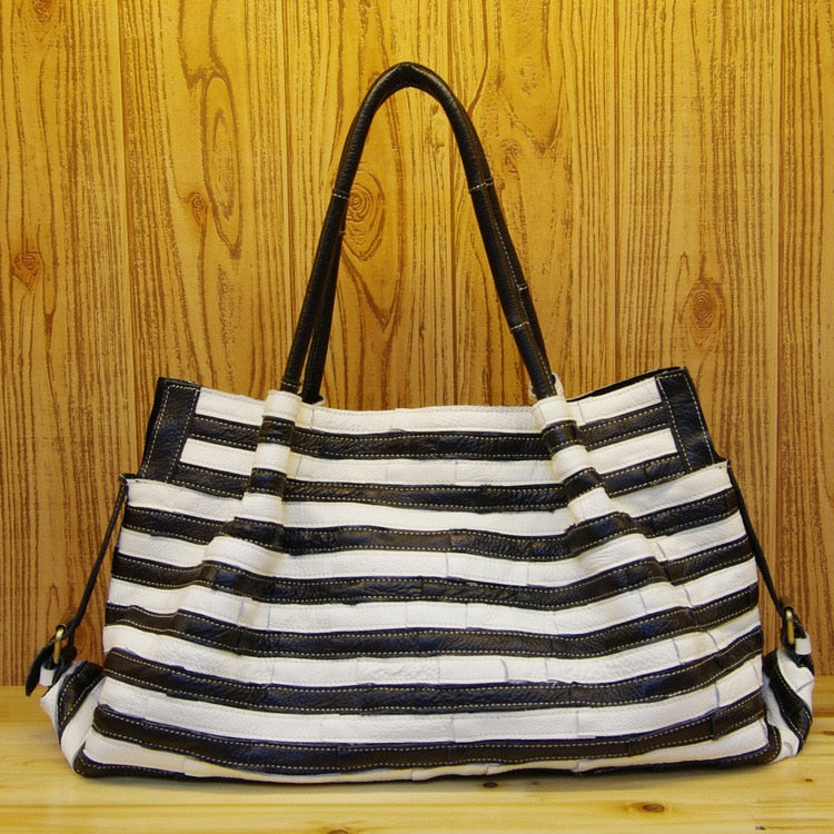 Real Leather Women's Black and White Striped Stitching Shoulder bag