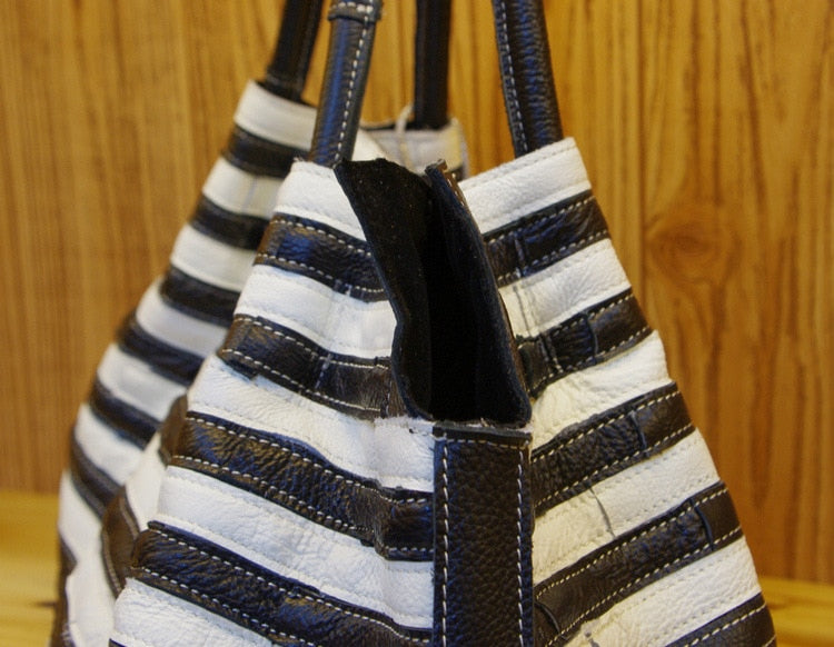 Real Leather Women's Black and White Striped Stitching Shoulder bag