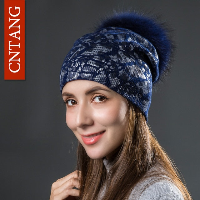 Women Winter Warm Hats Fashion Bronzing Leopard Hats With Natural Pompom