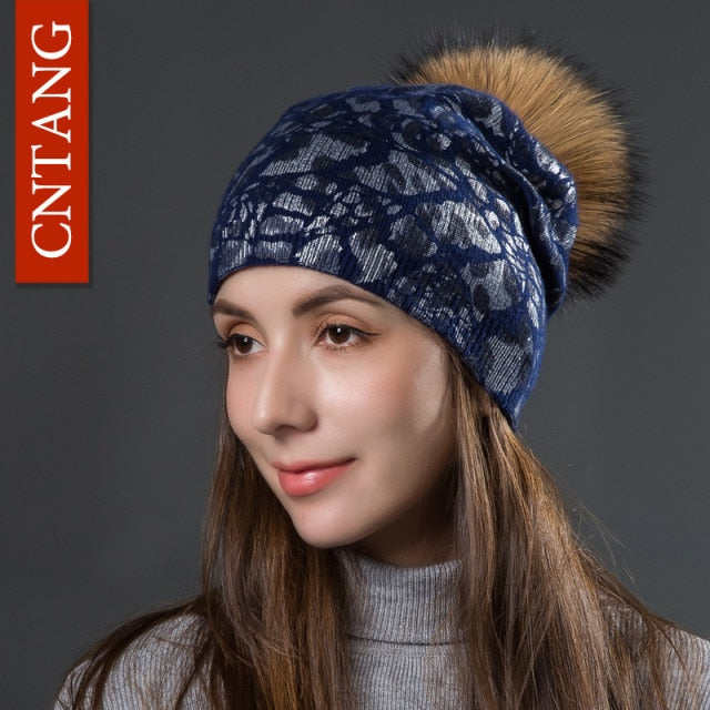 Women Winter Warm Hats Fashion Bronzing Leopard Hats With Natural Pompom