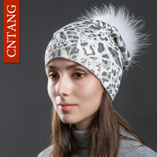 Women Winter Warm Hats Fashion Bronzing Leopard Hats With Natural Pompom