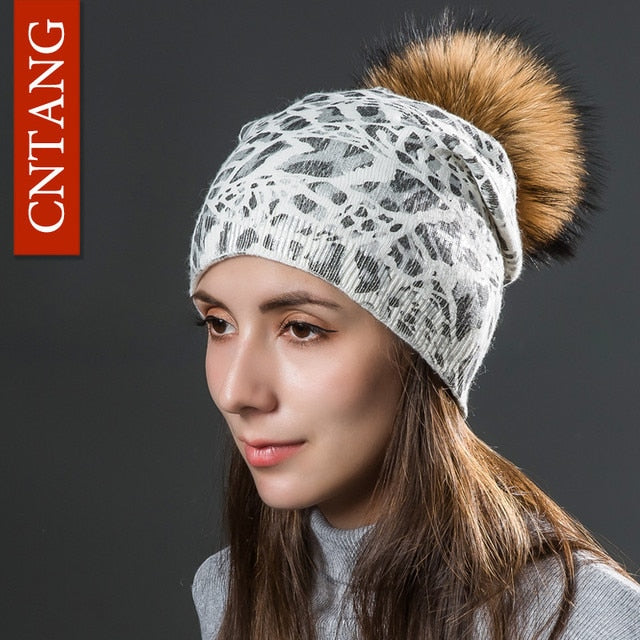 Women Winter Warm Hats Fashion Bronzing Leopard Hats With Natural Pompom