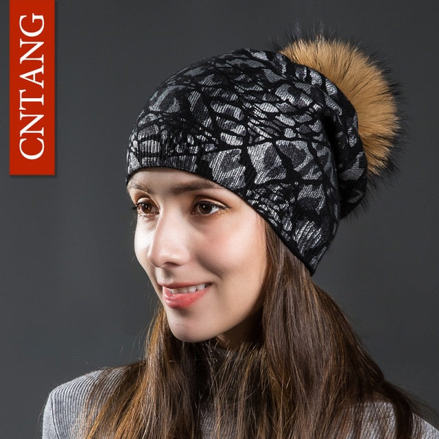 Women Winter Warm Hats Fashion Bronzing Leopard Hats With Natural Pompom