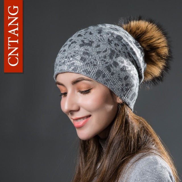 Women Winter Warm Hats Fashion Bronzing Leopard Hats With Natural Pompom