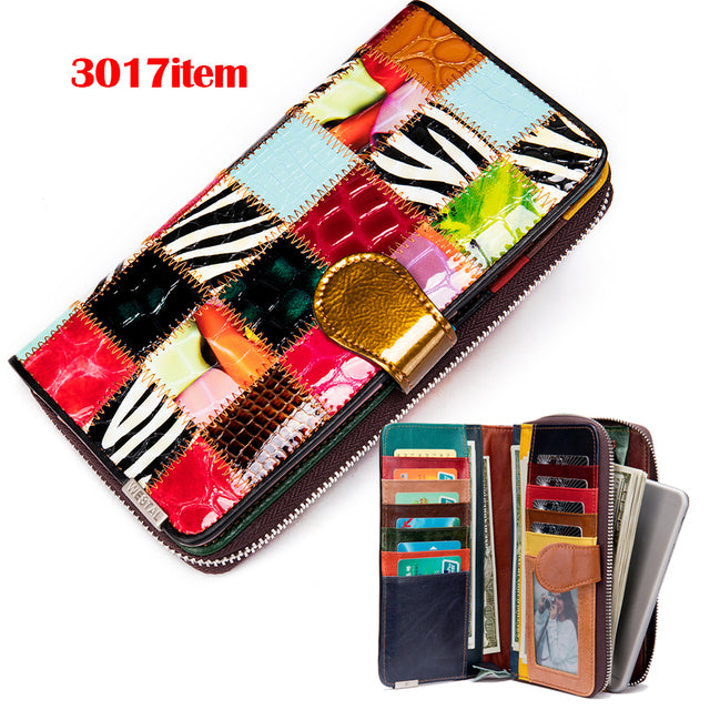 Genuine Leather Patchwork Wallet for Women Clutch Bags for Cellphone