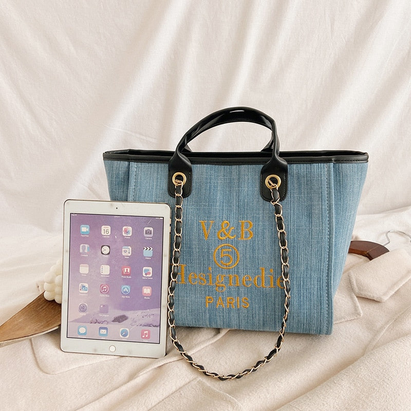 Shoulder Bag  New Trend Luxury Tote Big Shopper Canvas Chains Sling Strap Vintage Fashion High Quality