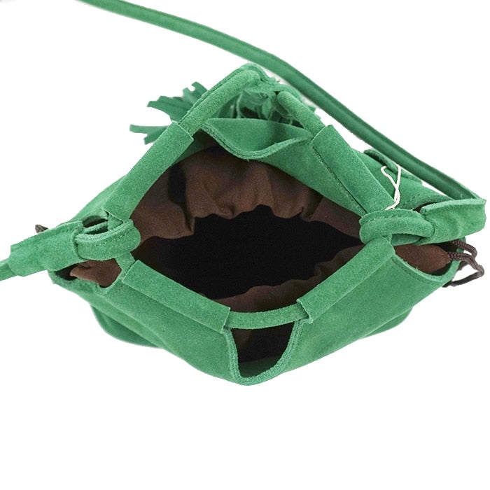 Genuine Leather Small Bucket Shoulder Ibiza Suede Fringe Green Crossbody Bag