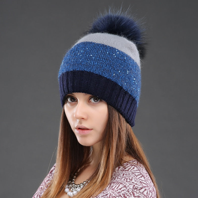 Women Hat Winter Sequins Knitted Beanie  Pompom