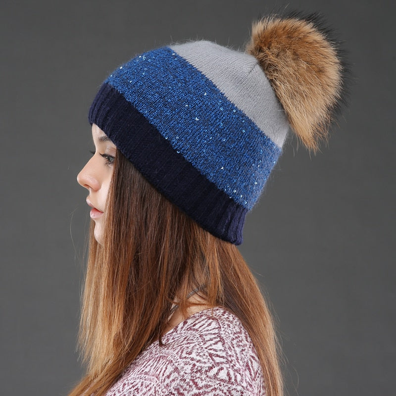 Women Hat Winter Sequins Knitted Beanie  Pompom