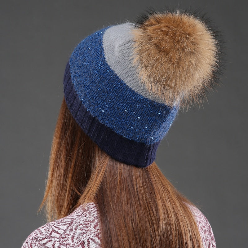 Women Hat Winter Sequins Knitted Beanie  Pompom