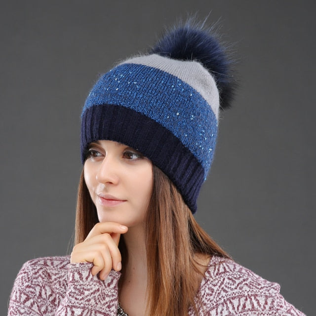 Women Hat Winter Sequins Knitted Beanie  Pompom