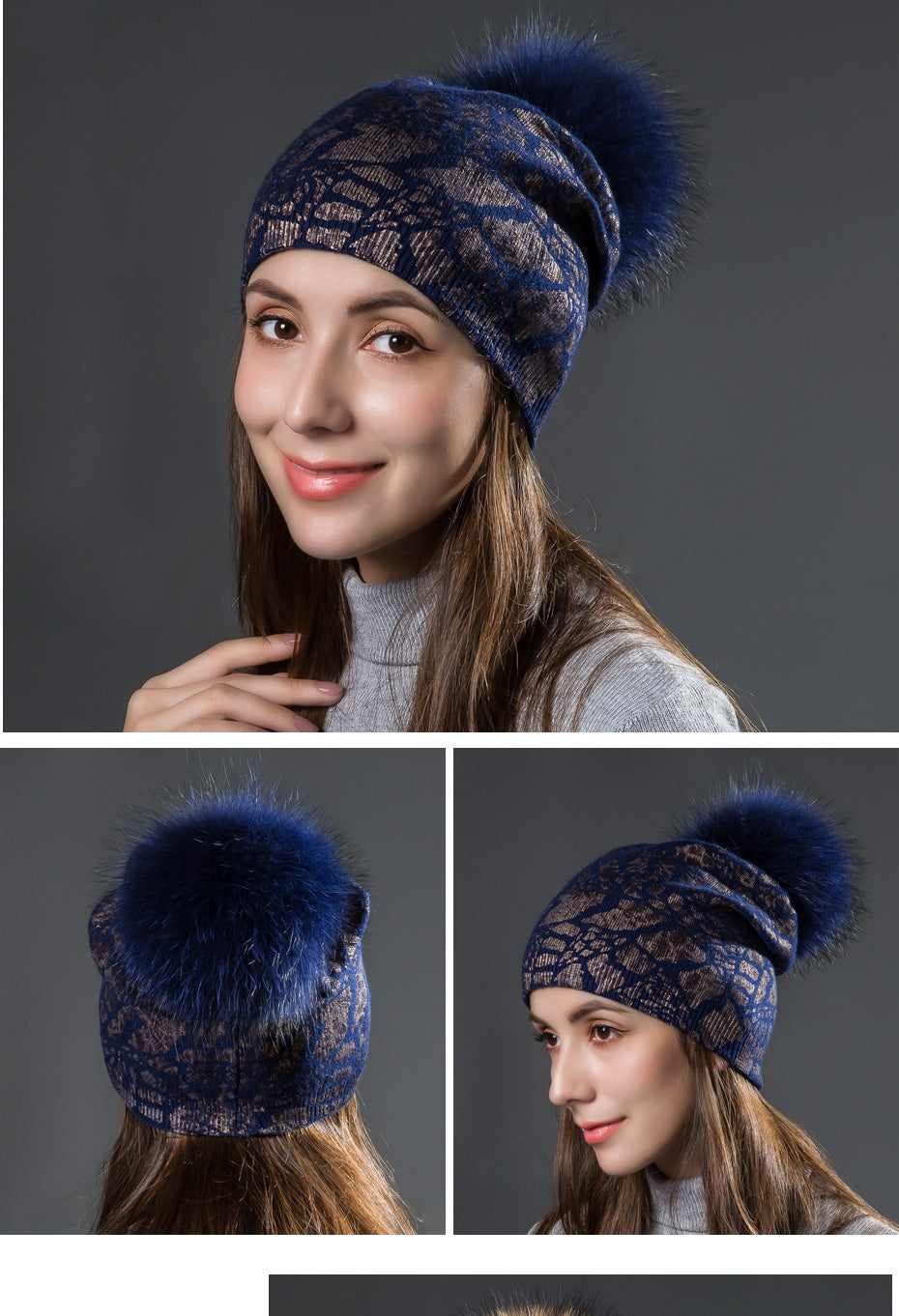 Women Winter Warm Hats Fashion Bronzing Leopard Hats With Natural Pompom