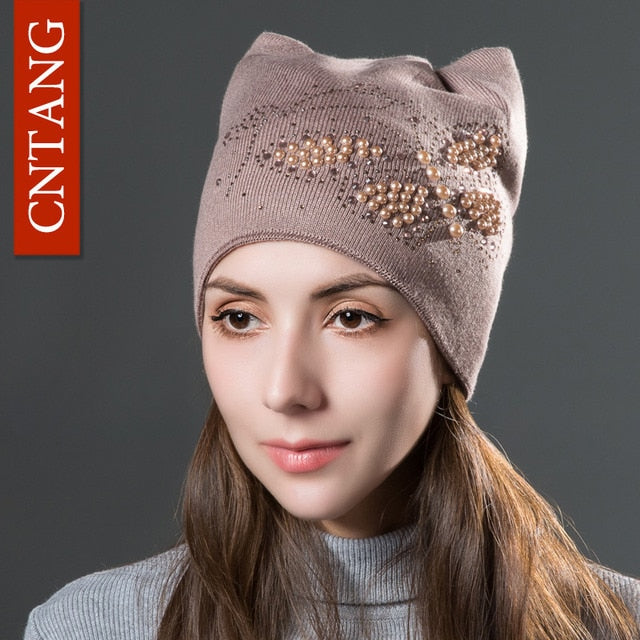 Knitted Velvet Warm Hat Cute  With Butterfly