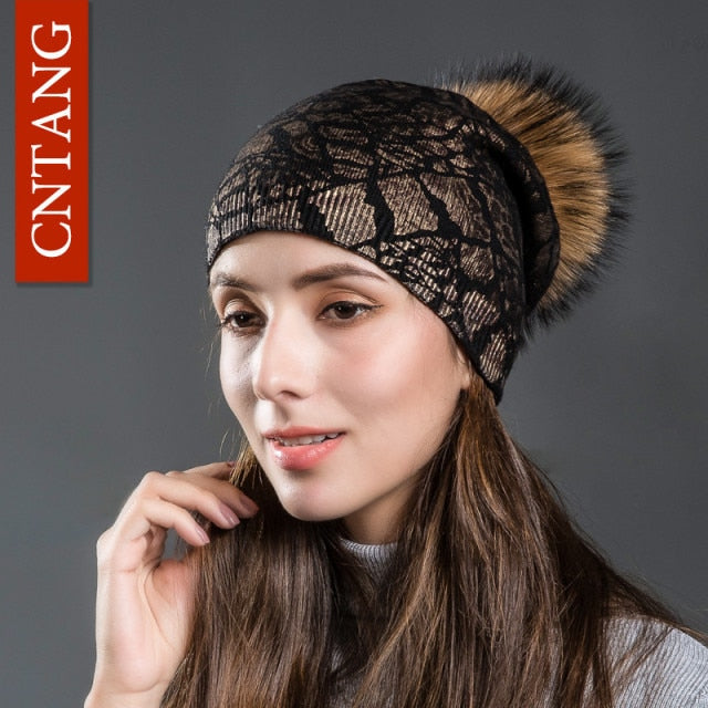 Women Winter Warm Hats Fashion Bronzing Leopard Hats With Natural Pompom