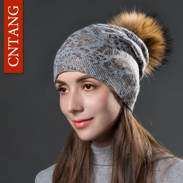 Women Winter Warm Hats Fashion Bronzing Leopard Hats With Natural Pompom