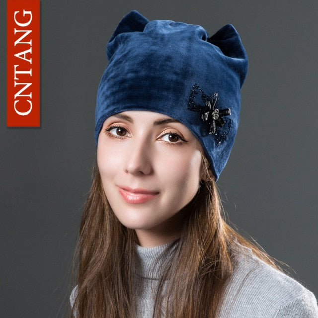 Cute With Flower Caps Winter Warm Women Hats Flannel Autumn Beanies Fashion Girls Hat Velvet For Female